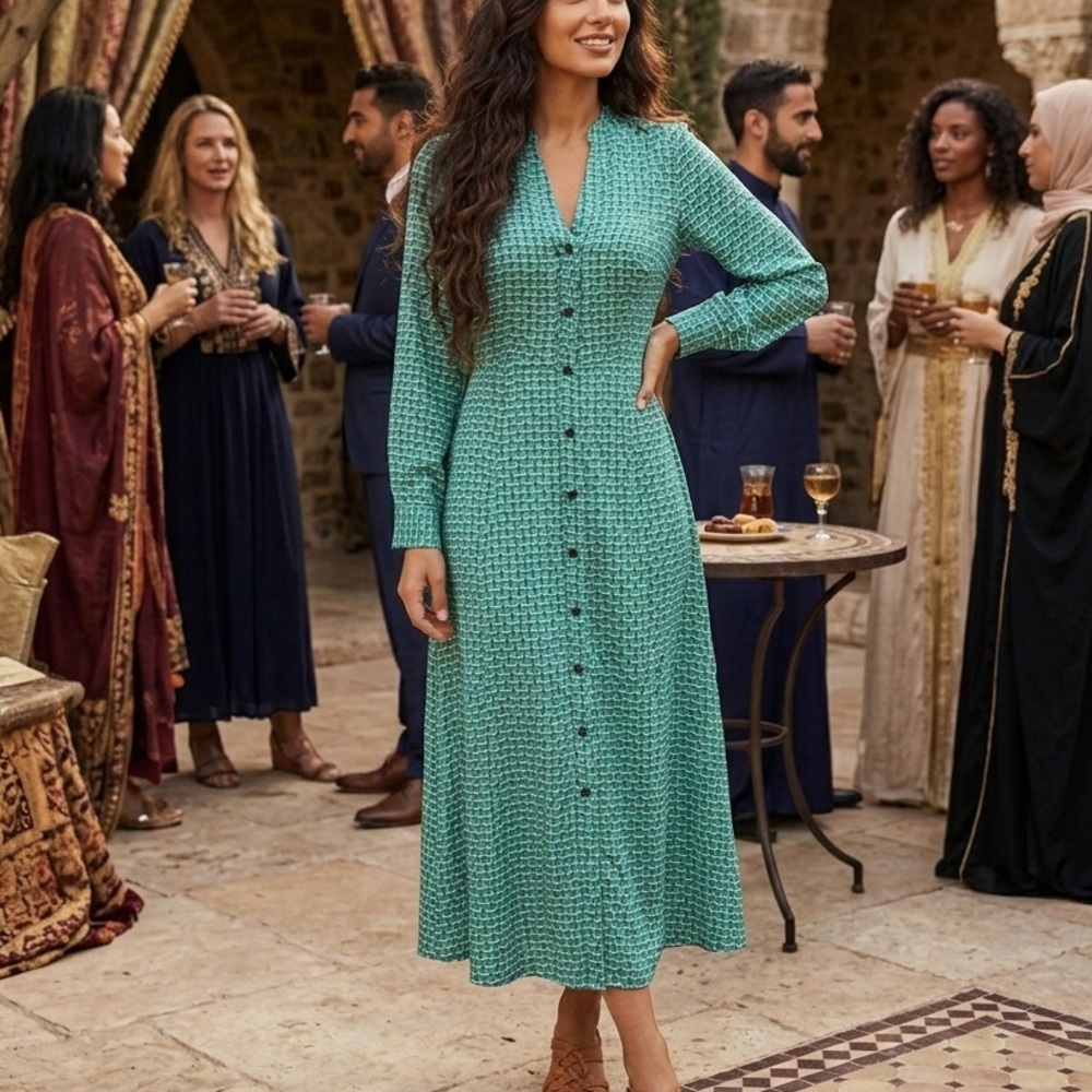 CEFINN teal-patterned midi dress size 2